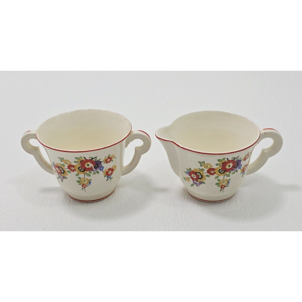 Vintage Edwin M Knowles Creamer & Sugar Bowl Set Floral Red Trim Pattern 905-18